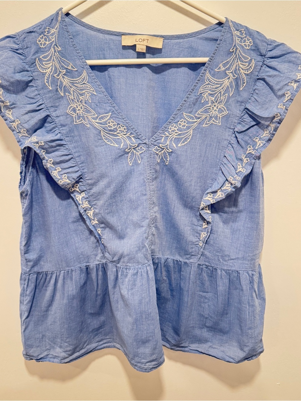 LOFT Chambray Blue V-Neck Embroidered Ruffle Peplum Blouse